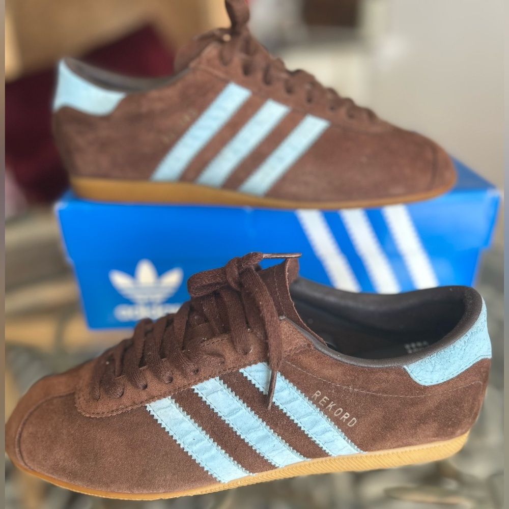 Vintage ADIDAS RECORD M 8.5 brown suede light blue stripe- RARE size - Picture 5 of 6